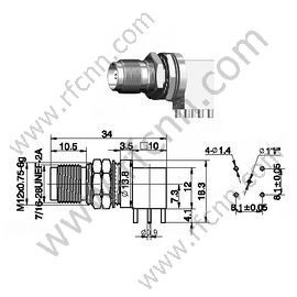 TNC θηλυκή δεξιά γωνία για υποδοχή PCB RF